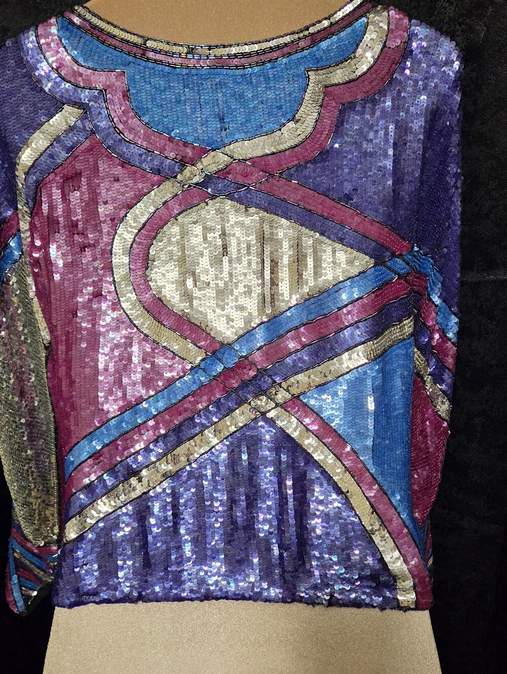 Silk STAR GROUP SM 1980s Vintage 100% Women's Multicolor Sequin Long-Sleeve Top - Picture 5 of 6